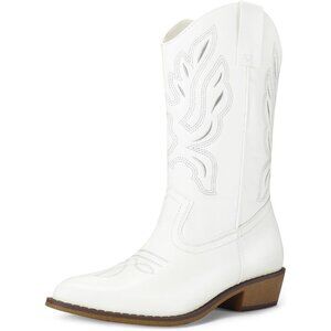 mysoft Women's White Western Cowboy Boots Mid Calf Pointed Toe Cowgirl Shoes